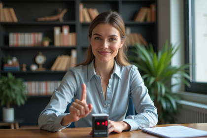 Femme utilisant un scanner biométrique dans un bureau moderne