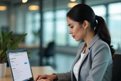 Femme professionnelle configurant les paramètres de sécurité d'un compte en ligne sur un ordinateur portable au bureau