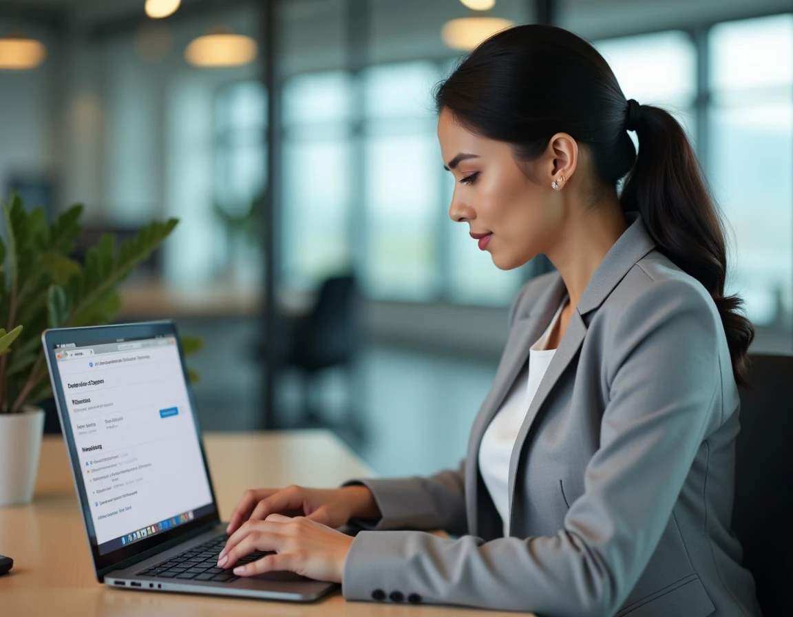 Femme professionnelle configurant les paramètres de sécurité d'un compte en ligne sur un ordinateur portable au bureau