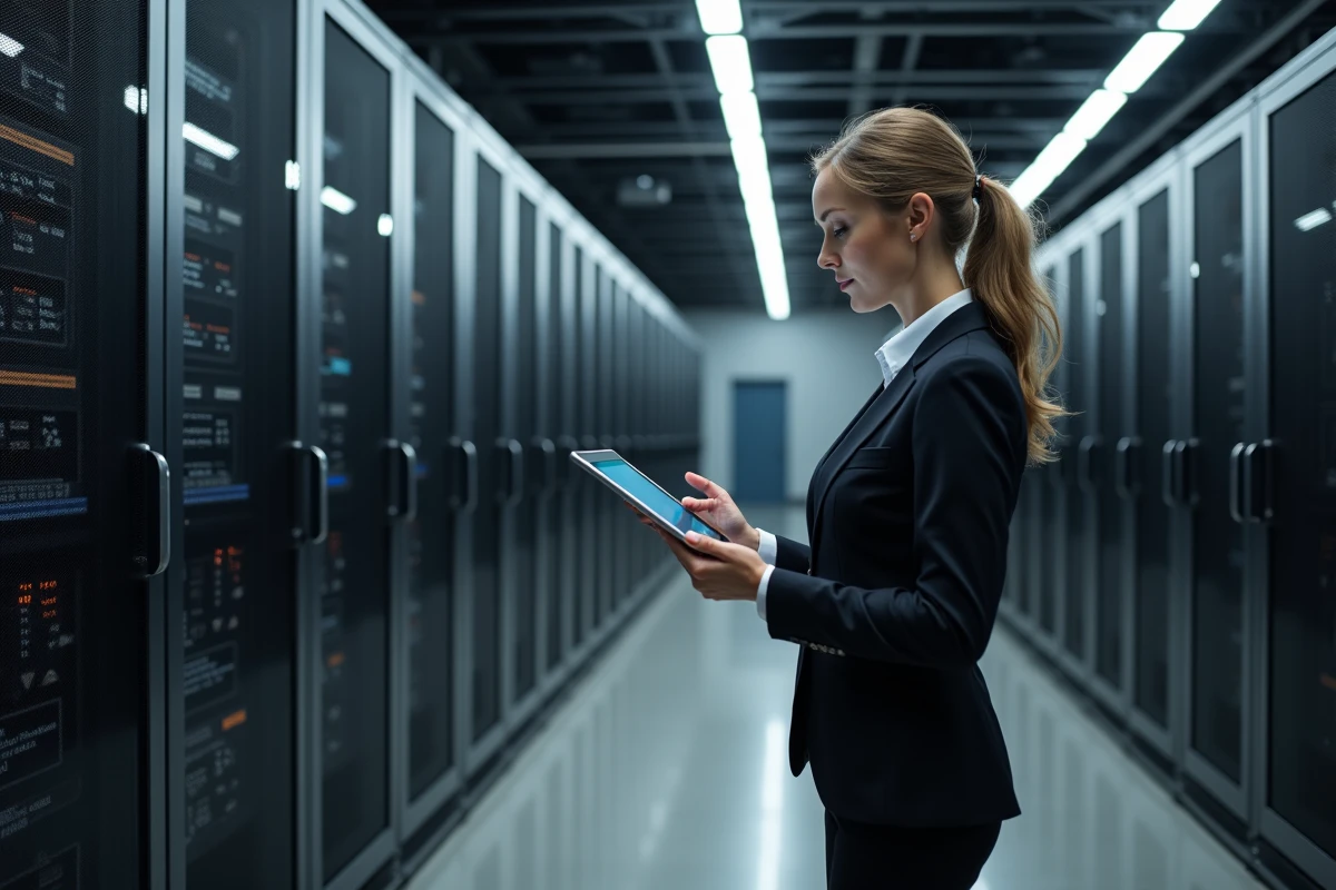 Femme d affaires examinant une tablette dans une salle serveurs hightech