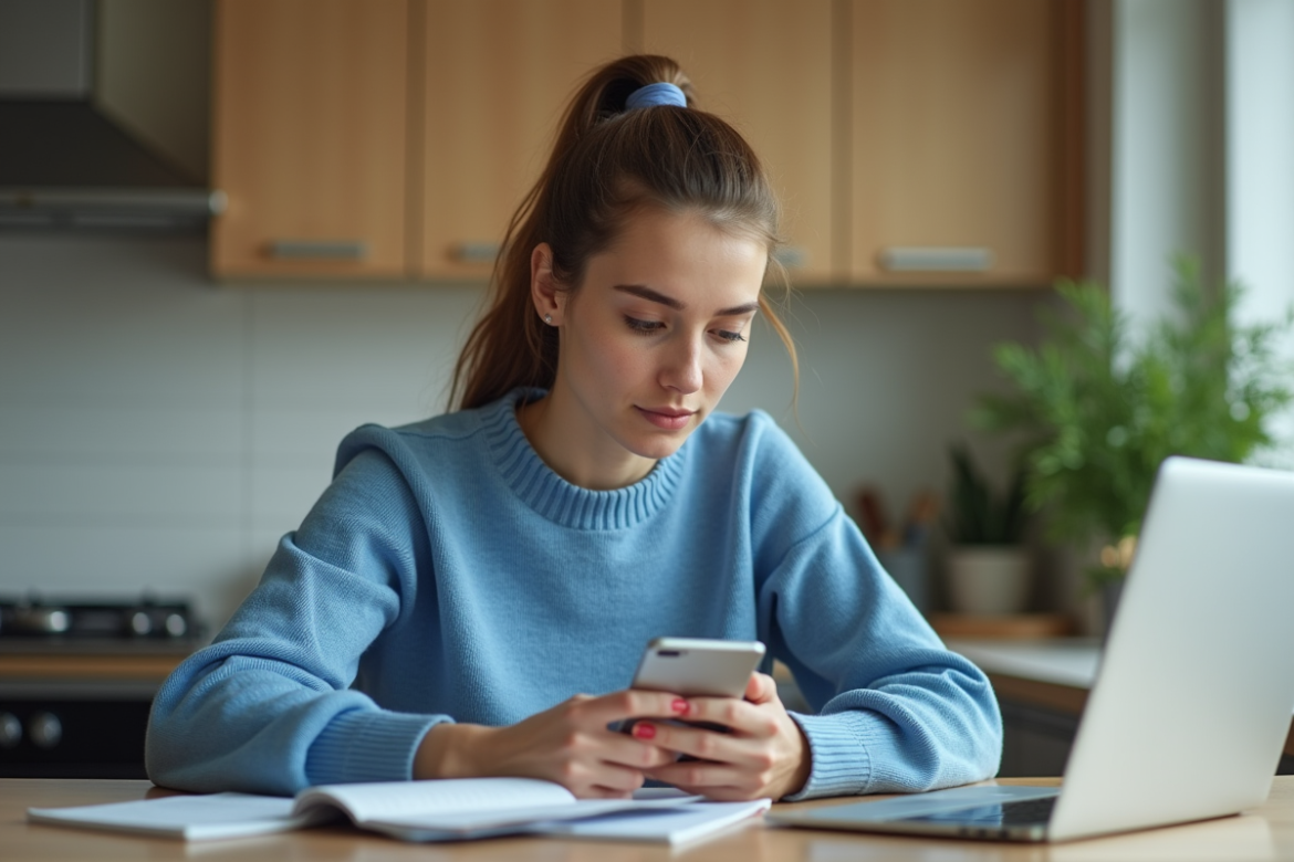 Jeune femme concentrée utilisant son smartphone dans un appartement