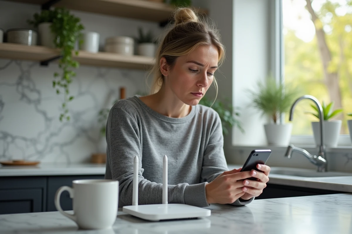 Femme examinant son smartphone près du routeur dans la cuisine