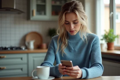 Jeune femme avec smartphone dans la cuisine lumineuse