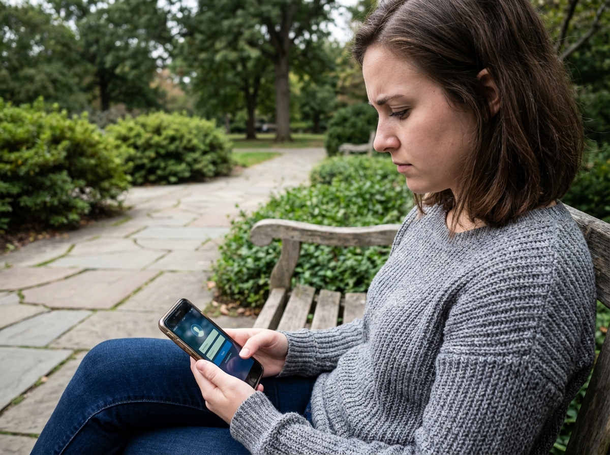 Jeune femme regardant son smartphone dans un parc en plein air