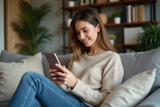 Jeune femme souriante utilisant un smartphone dans un salon cosy
