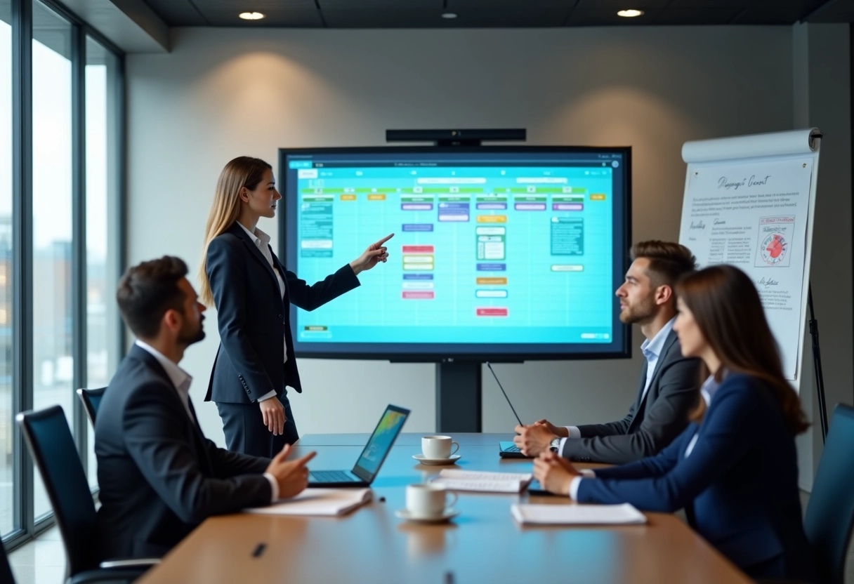 Jeune femme en réunion présente un tableau interactif avec collègues