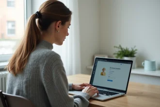Femme utilisant SwissTransfer sur un ordinateur portable dans un bureau à domicile minimaliste