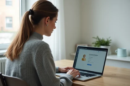 Femme utilisant SwissTransfer sur un ordinateur portable dans un bureau à domicile minimaliste