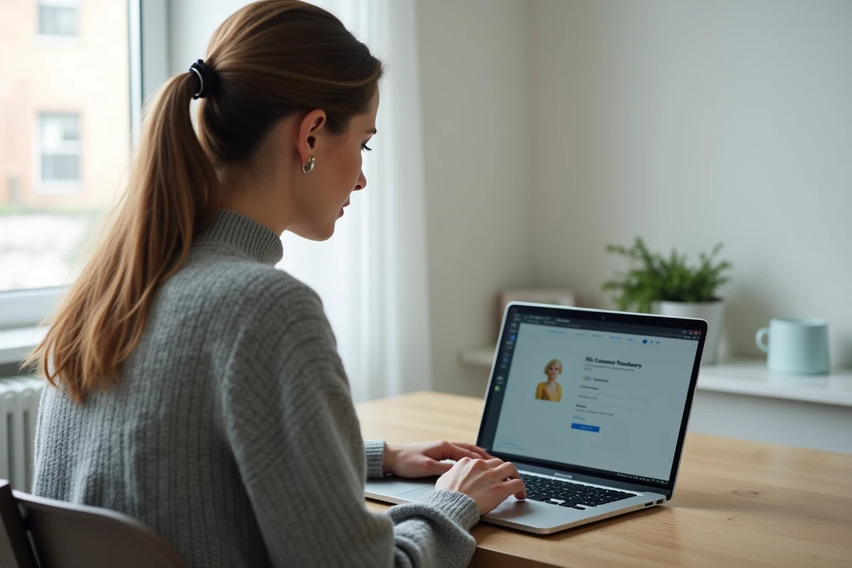 Femme utilisant SwissTransfer sur un ordinateur portable dans un bureau à domicile minimaliste