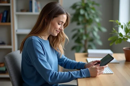 Femme utilisant une tablette dans un bureau lumineux à la maison