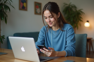 Jeune femme travaillant à domicile sur son ordinateur portable