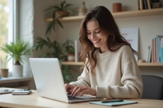 Jeune femme travaillant à son bureau à domicile