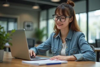 Jeune femme professionnelle travaillant sur un ordinateur dans un bureau lumineux