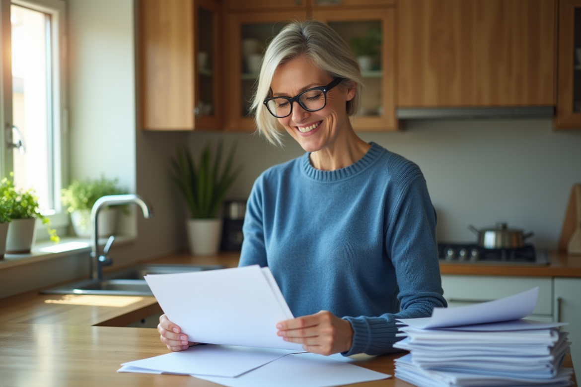 Femme dans sa cuisine triant le courrier avec concentration