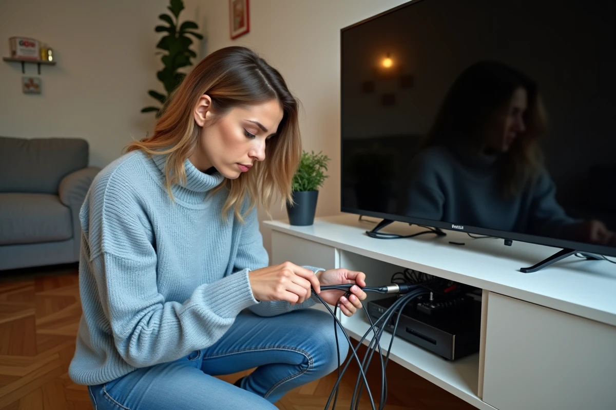 Femme vérifiant les câbles d'un décodeur Freebox pour résoudre une erreur de connexion