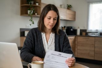 Femme vérifiant son RIB dans une cuisine moderne