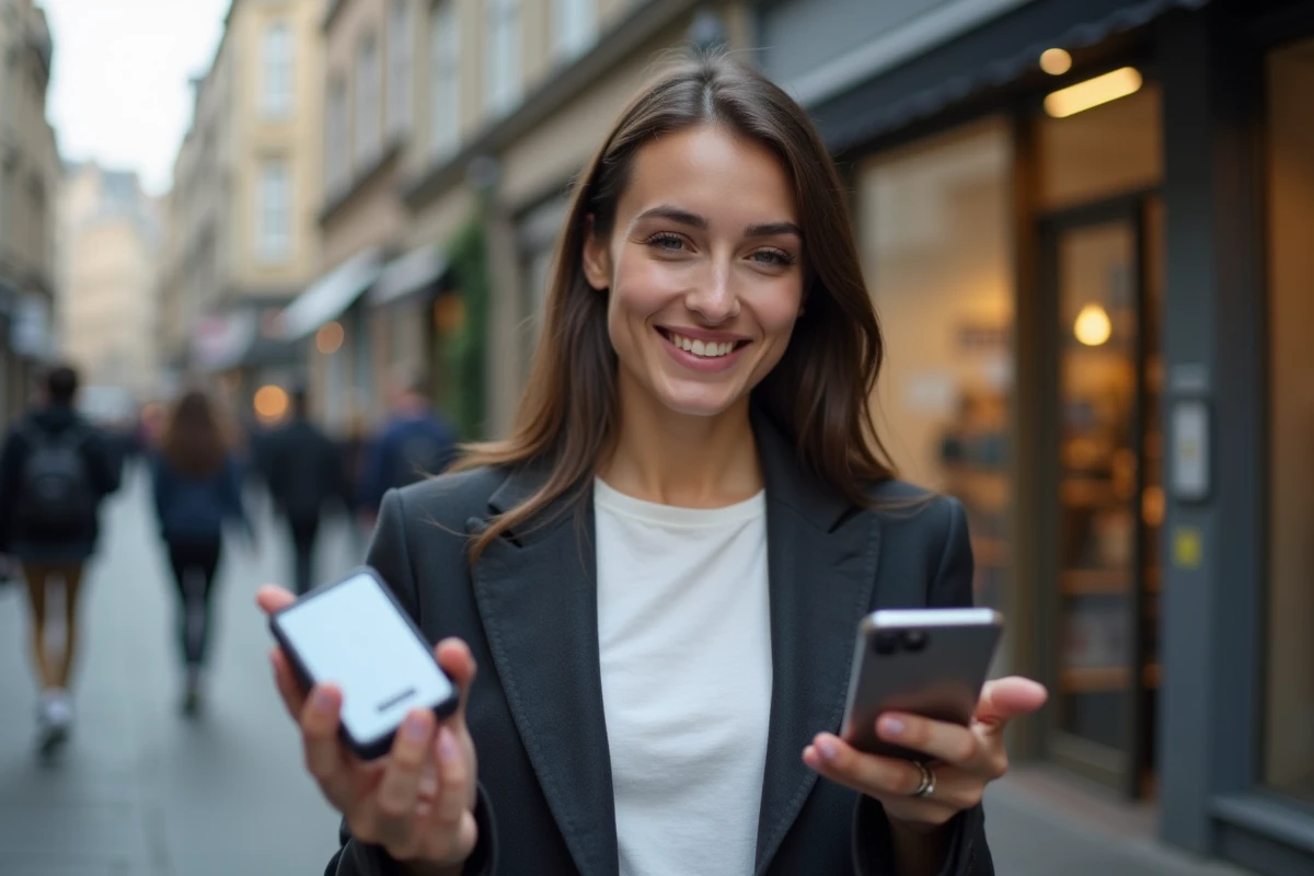 Femme souriante compare un téléphone vintage et un smartphone en ville