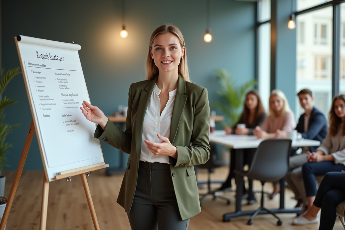 Femme en blazer vert menant un atelier SEO dans un espace coworking