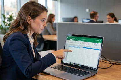 Femme professionnelle utilisant Excel sur un ordinateur portable avec des en-têtes de colonnes figées visibles à l'écran dans un bureau moderne