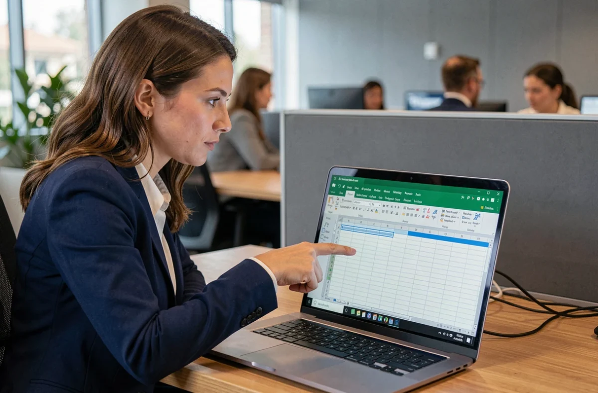 Femme professionnelle utilisant Excel sur un ordinateur portable avec des en-têtes de colonnes figées visibles à l'écran dans un bureau moderne