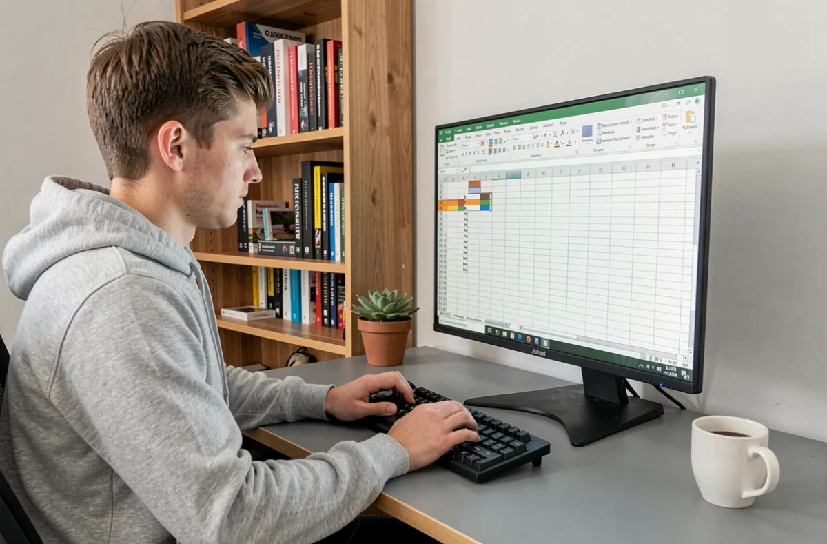 Jeune homme en télétravail utilisant la fonction figer les volets d'Excel sur un grand écran de bureau à domicile