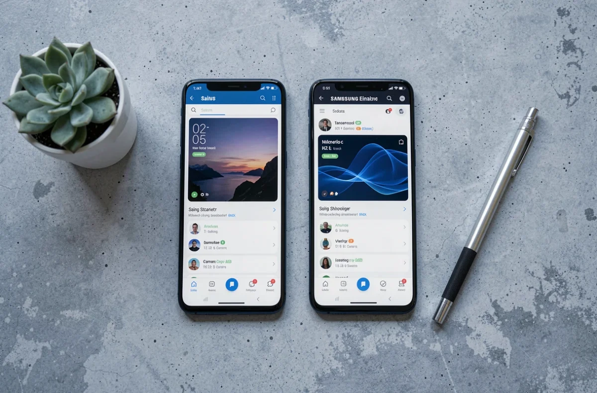 Vue du dessus de deux smartphones Samsung posés côte à côte sur une surface en béton, mise en scène éditoriale pour comparer le Galaxy S24 et le S23 en 2026