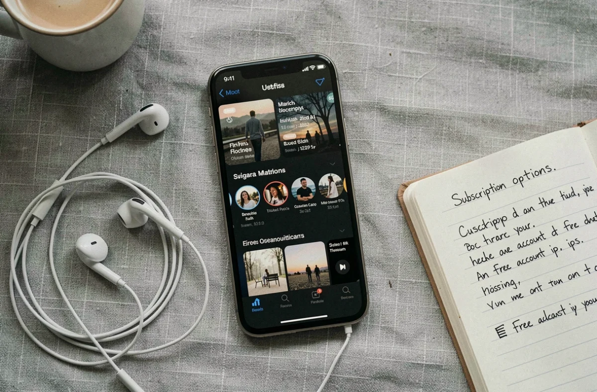 Vue de dessus d'un smartphone avec application de streaming musical, écouteurs et notes manuscrites sur les options d'abonnement gratuit