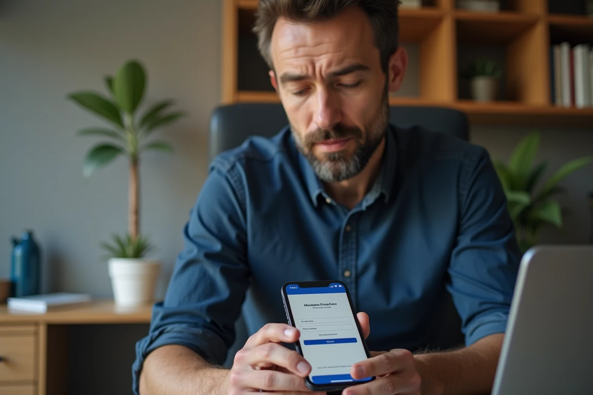 Homme consultant l'interface Freebox OS sur un iPhone depuis son bureau à domicile
