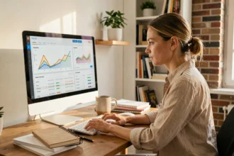 Freelance designer analysant des données SEO sur Expertiseo.fr dans un bureau minimaliste moderne