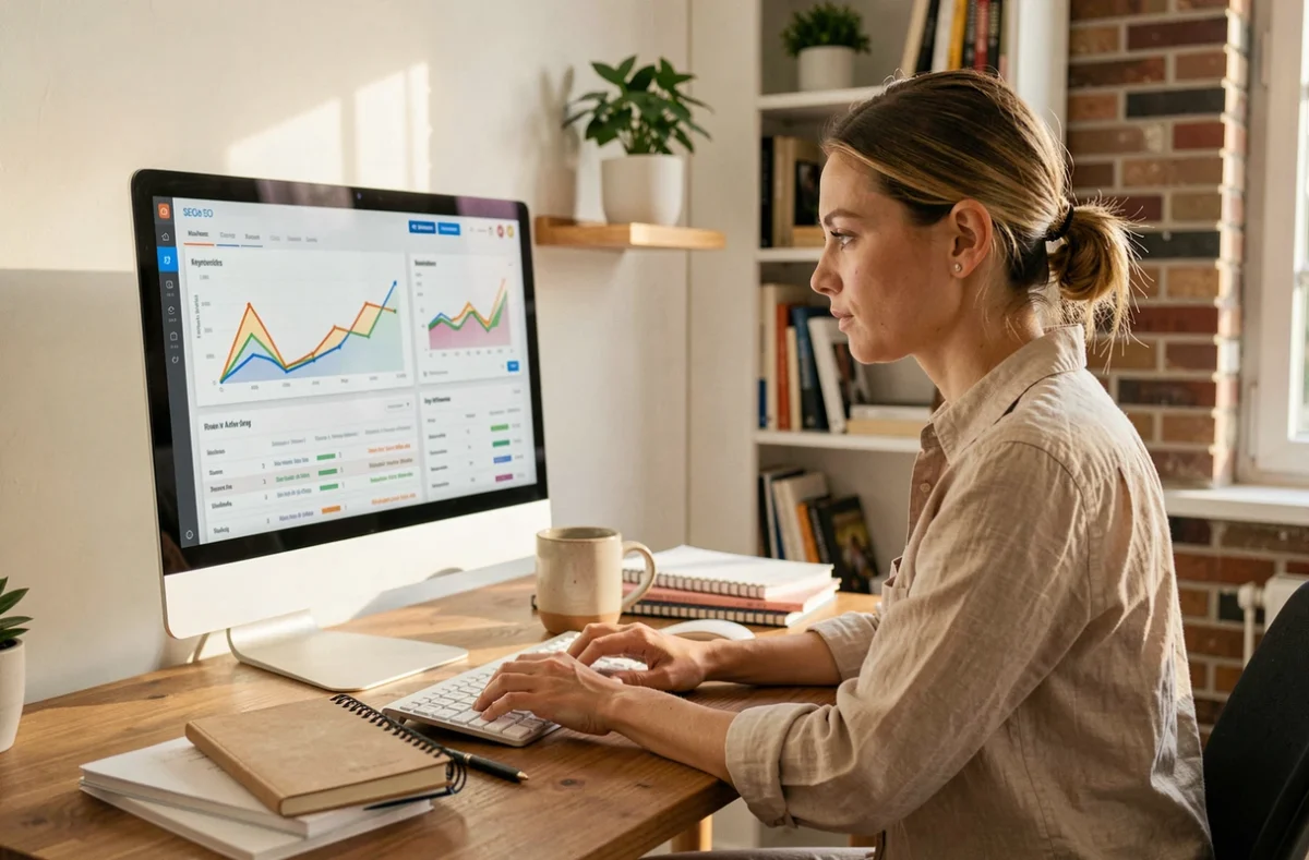 Freelance designer analysant des données SEO sur Expertiseo.fr dans un bureau minimaliste moderne