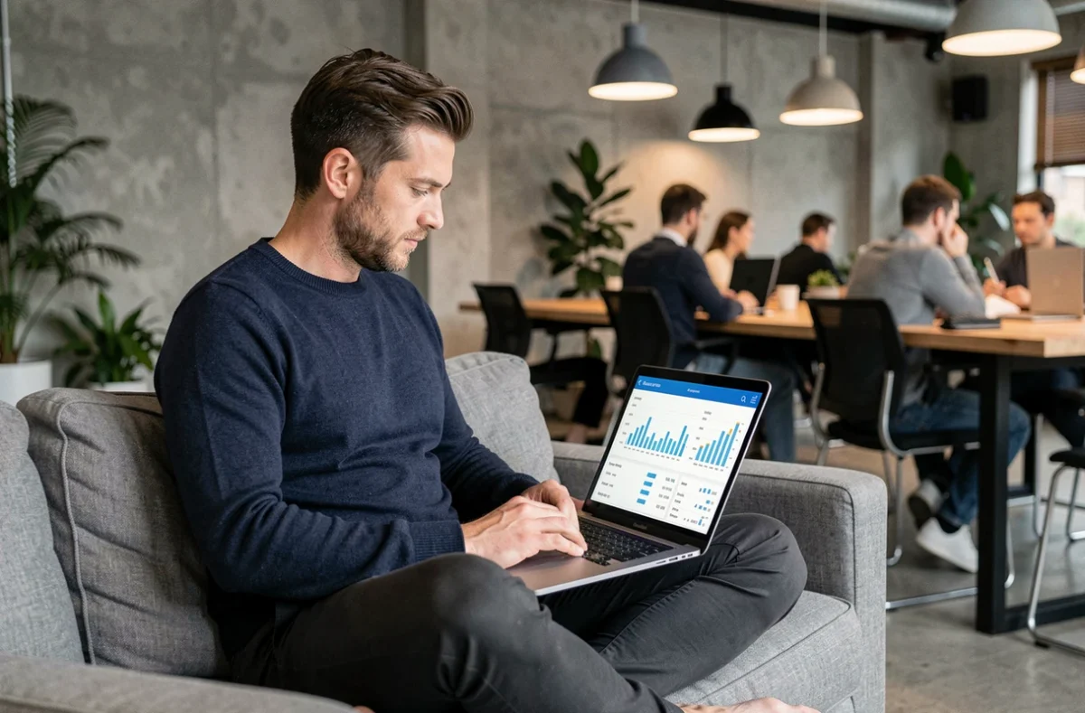 Consultant freelance examinant un rapport de performance SEO sur son ordinateur dans un espace de coworking
