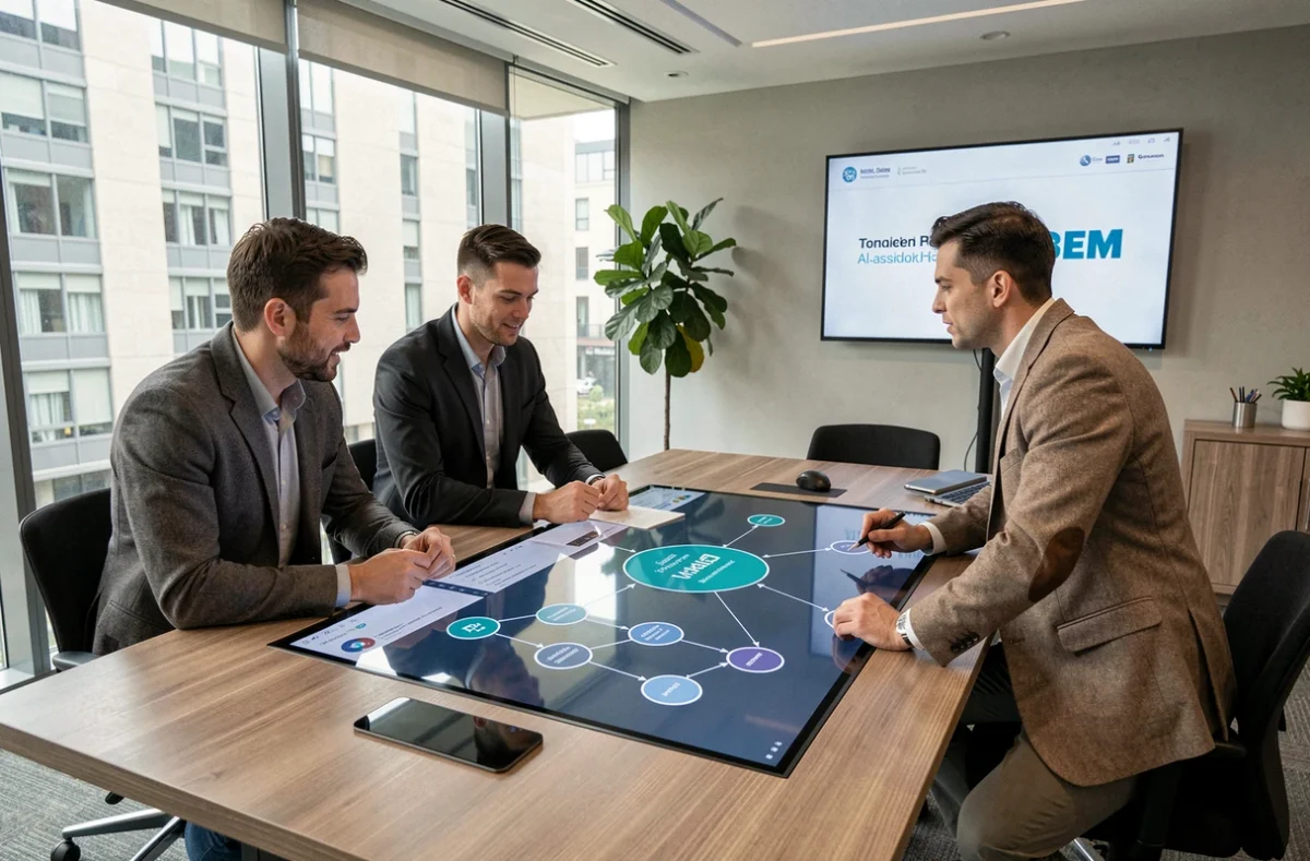 Équipe de consultants Generativ collaborant autour d'un tableau interactif affichant une architecture de solutions informatiques intelligentes en Normandie