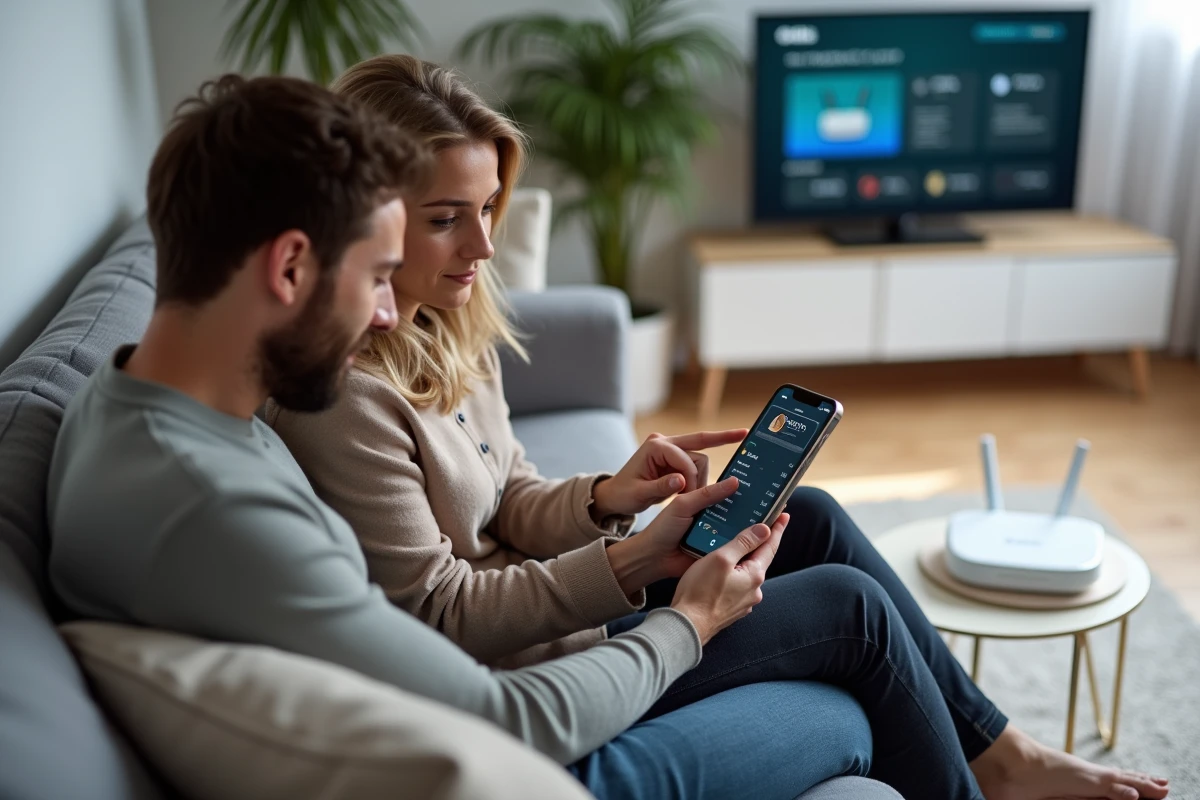 Couple consultant la gestion du réseau Freebox depuis un smartphone dans un salon moderne