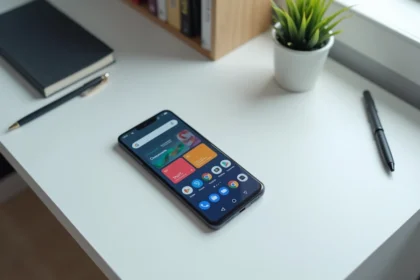 Google Pixel 8a posé sur un bureau minimaliste avec interface Android et assistant IA visible à l'écran