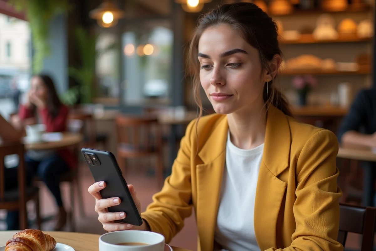 Femme dans un café parisien comparant des photos générées par IA sur un Google Pixel 8a