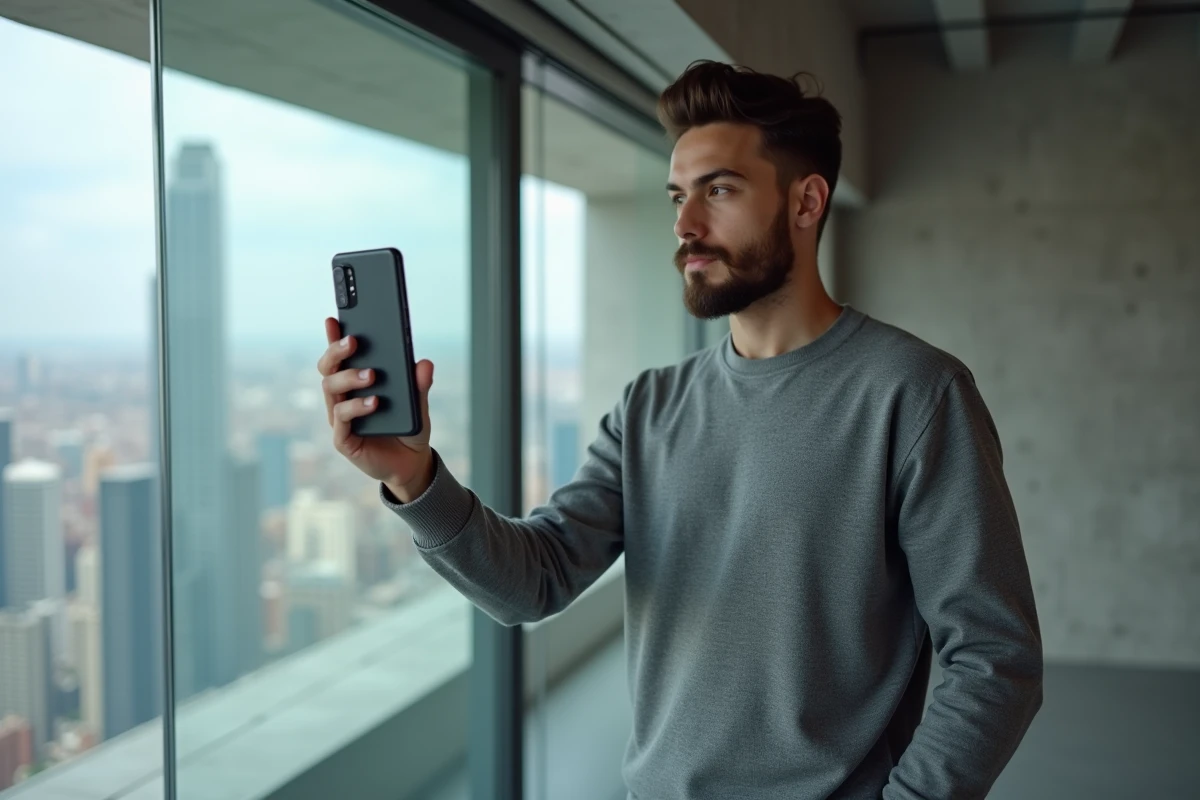 Homme tenant un Google Pixel 8a avec une fonctionnalité IA affichée à l'écran dans un appartement moderne