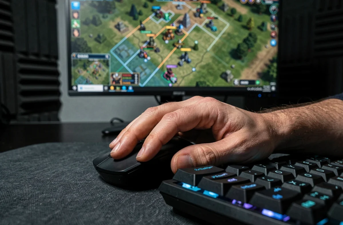 Gros plan sur une main de joueur sur souris gaming devant un écran de jeu de stratégie avec IA