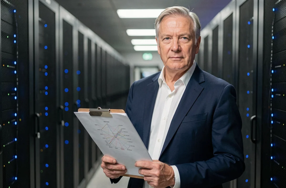 Responsable informatique du Groupe Arsène posant dans une salle de serveurs, représentant les services de maintenance et infrastructure IT dans le Calvados