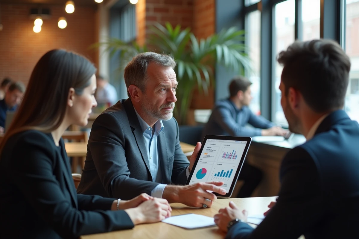 Groupe de collègues analysant des données sur une tablette dans un café