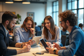 Quatre professionnels en réunion dans un bureau moderne