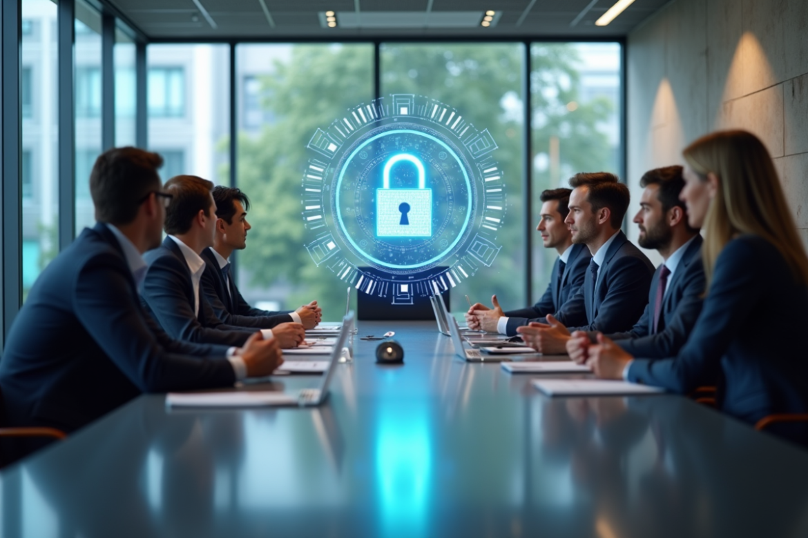 Groupe de professionnels discutant gestion d acces dans un bureau lumineux