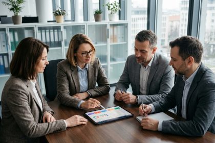 Groupe de professionnels en réunion dans un bureau moderne