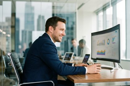 Homme d'affaires en costume navy souriant dans un bureau moderne