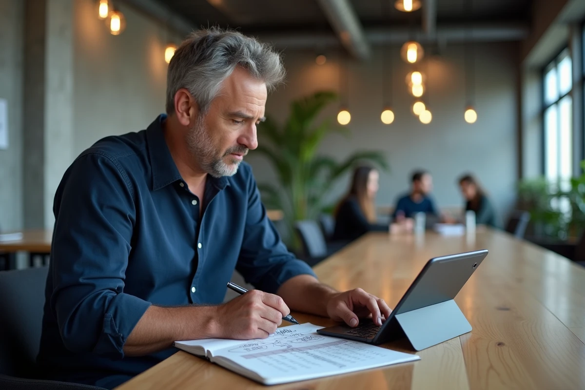 Homme analysant les abonnements ChatGPT 5 sur une tablette dans un espace de coworking professionnel