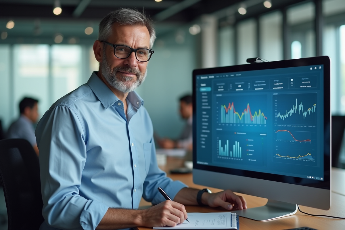 Homme en analyse de web analytics dans un bureau moderne