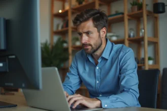 Homme au bureau à la maison regardant son ordinateur avec frustration