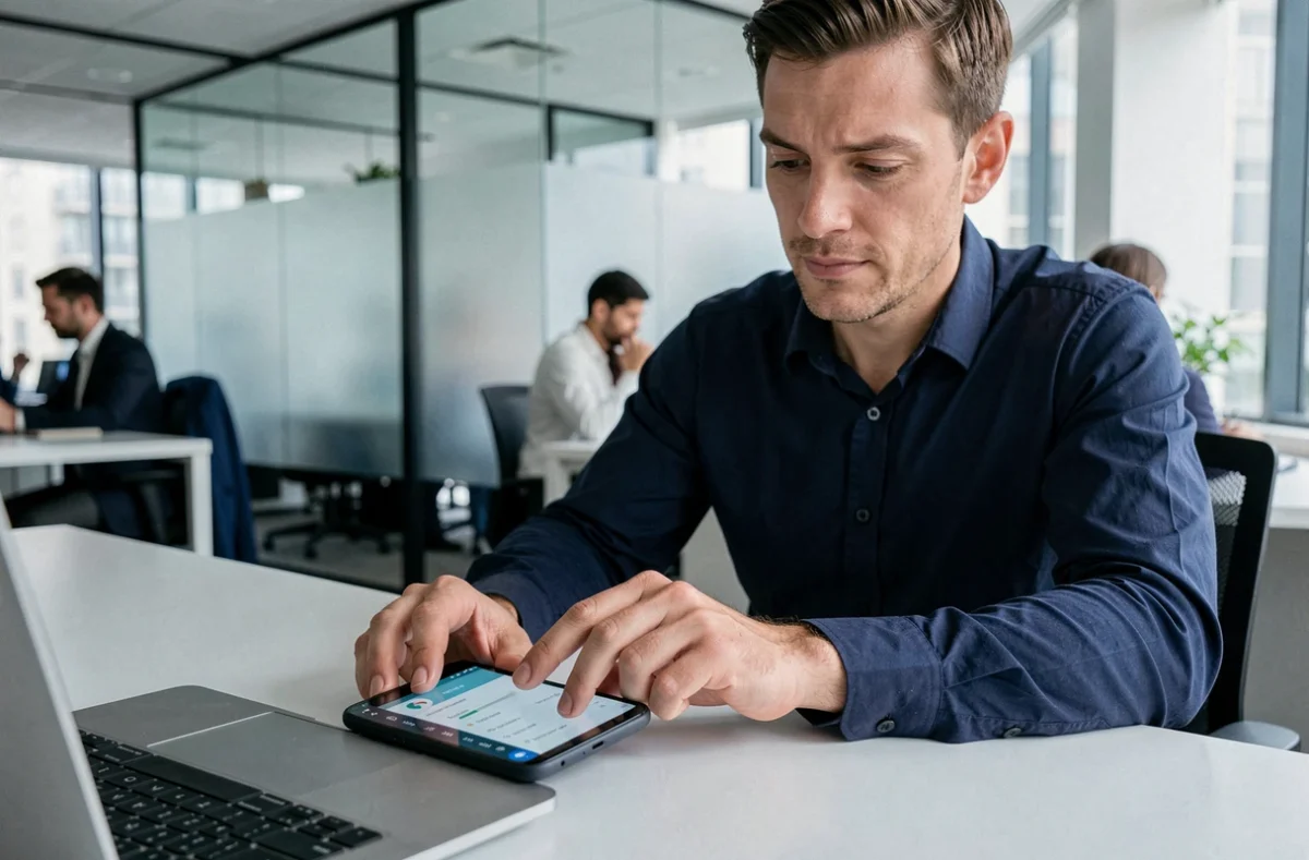 Homme au bureau gérant l'historique du presse-papier sur un téléphone Android