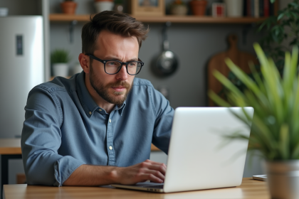 Homme concentré travaillant sur son ordinateur dans une cuisine moderne