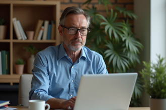Homme d'âge moyen au bureau avec ordinateur portable
