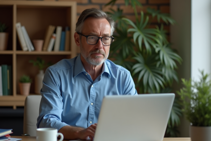 Homme d'âge moyen au bureau avec ordinateur portable